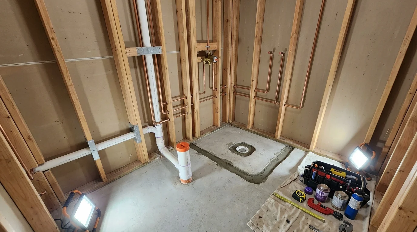 Bathroom rough-in plumbing during remodel by Johns Plumbing LLC in Gilford