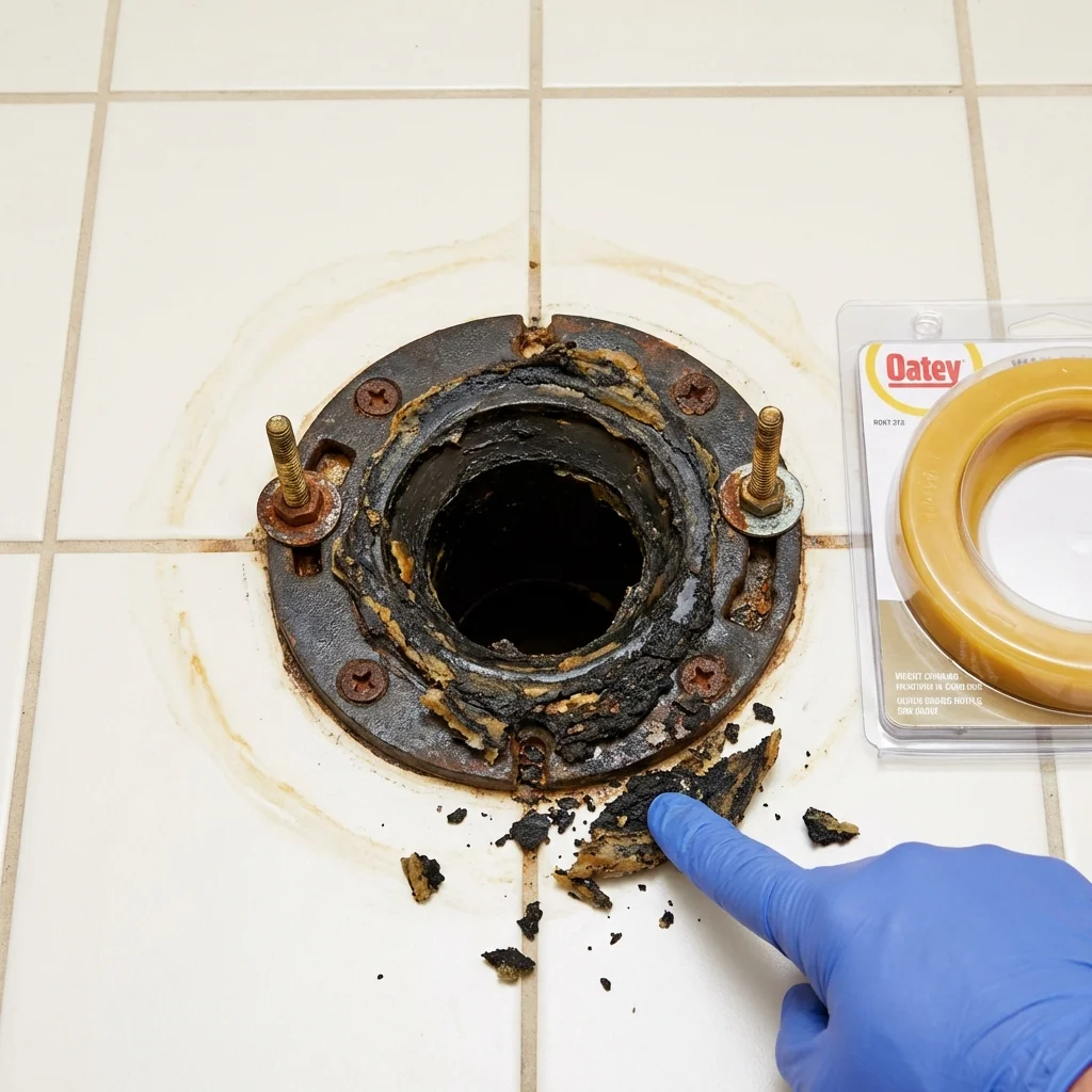 Failed wax ring showing water seepage at the base of a toilet in a Gilford, NH home