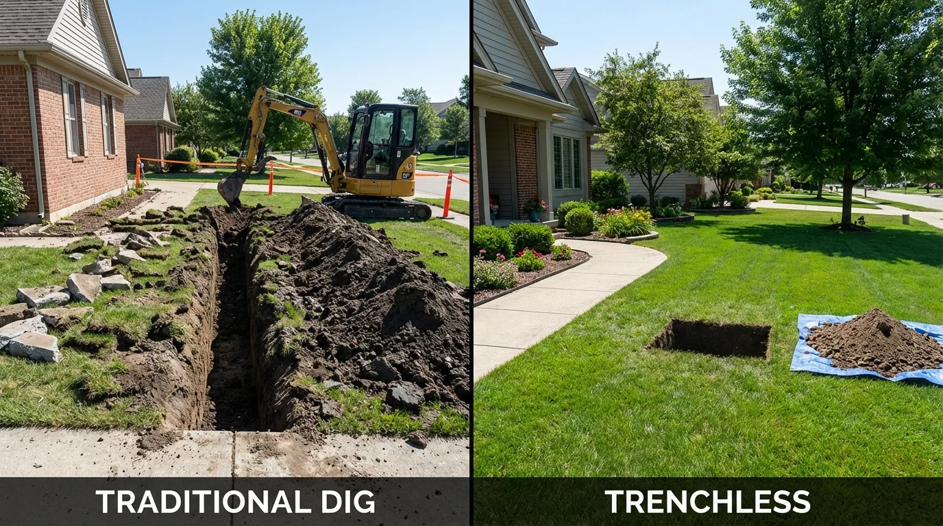 Trenchless sewer repair with minimal yard damage versus traditional excavation in Gilford, NH