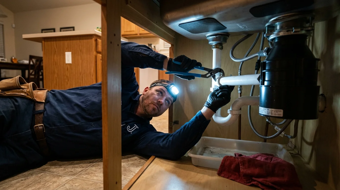 P-trap and supply line connections under a kitchen sink showing a common leak point in Gilford, NH